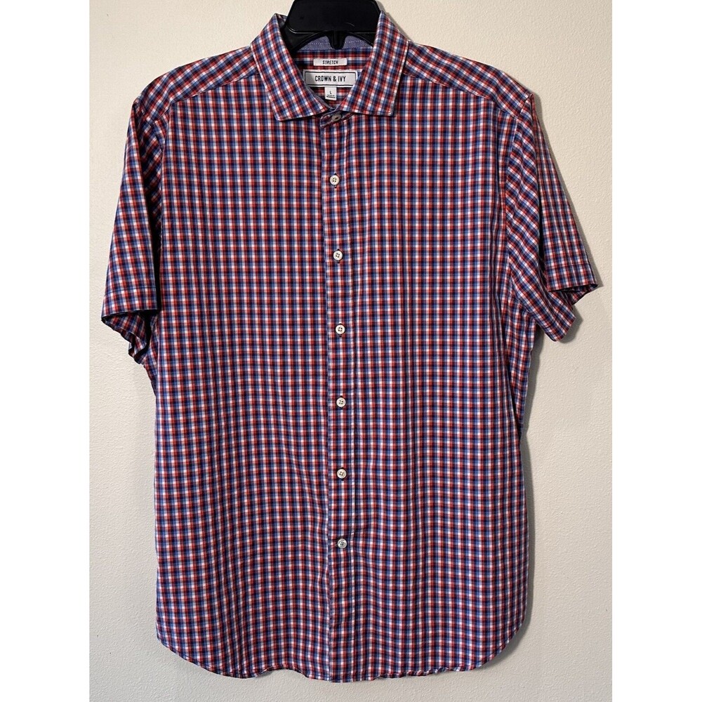 Crown & Ivy Classic Preppy short sleeve‎ shirt Mens Sz L Red/Blue plaid Dadbod